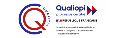 Logo qualiopi représentant la lettre Q rouge dans un C bleu sur un fond blanc. A droite est écrit: "qualiopi processus certifié" par la république française.