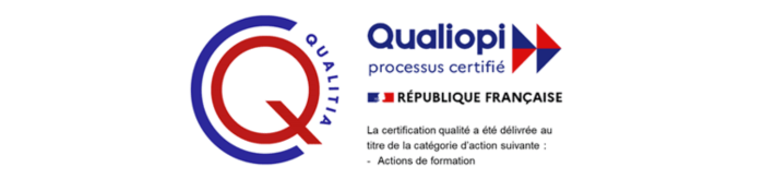 Logo qualiopi représentant la lettre Q rouge dans un C bleu sur un fond blanc. A droite est écrit: "qualiopi processus certifié" par la république française.